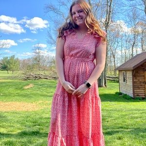 Long Red Dress with white flowers